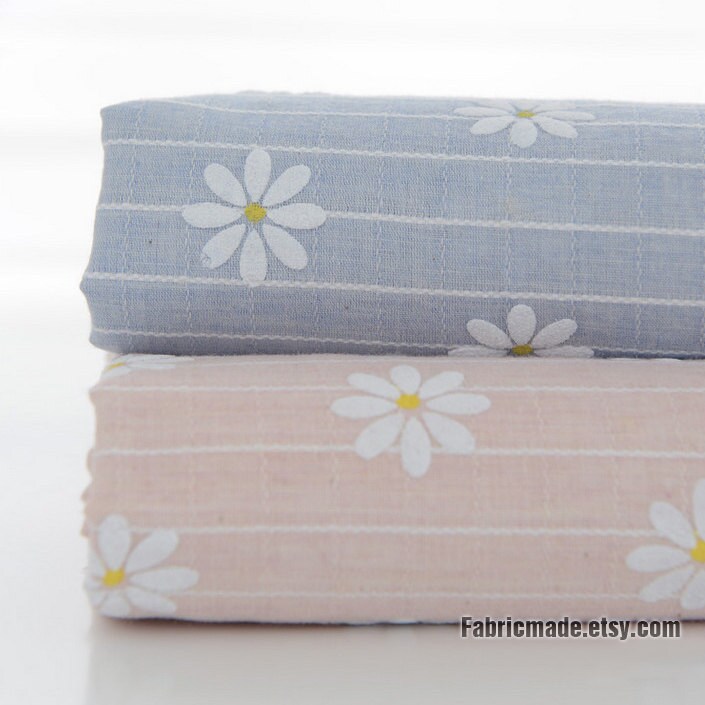 Yarn Dye Stripe Cotton Linen Fabric With Printed White Daisy Etsy