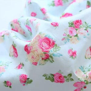 Shabby Pink Blue Rose Floral Fabric For Curtain Dress Fabric- 1/2 yard