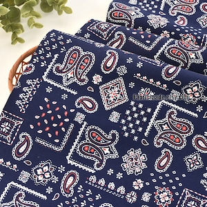 Twill Weave Little Red Paisley Floral Cotton Fabric On Navy Blue Cotton - 1/2 yard