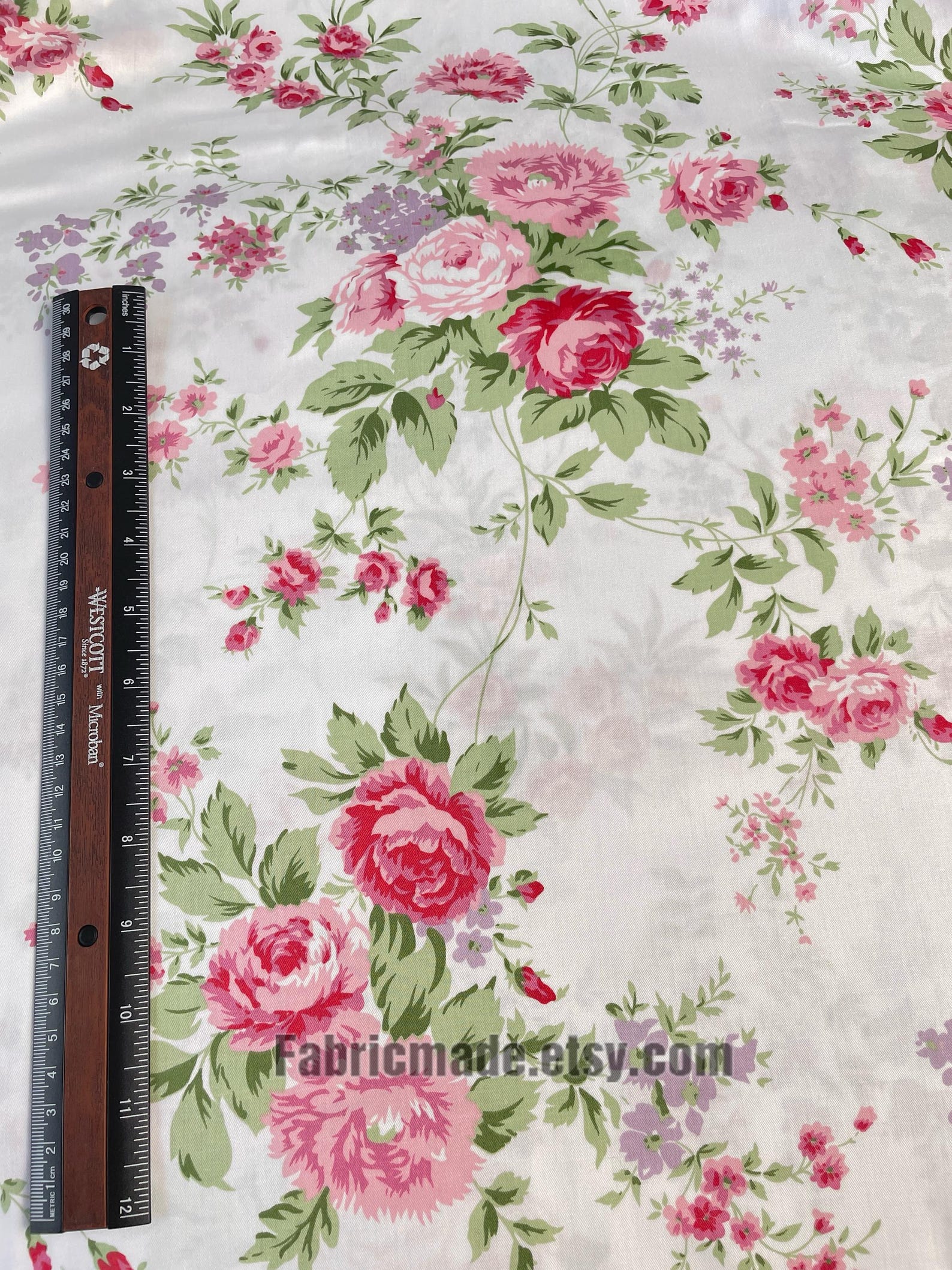 Shabby Chic Pink Rose Floral Cotton Fabric on White Cotton Pink Flower ...