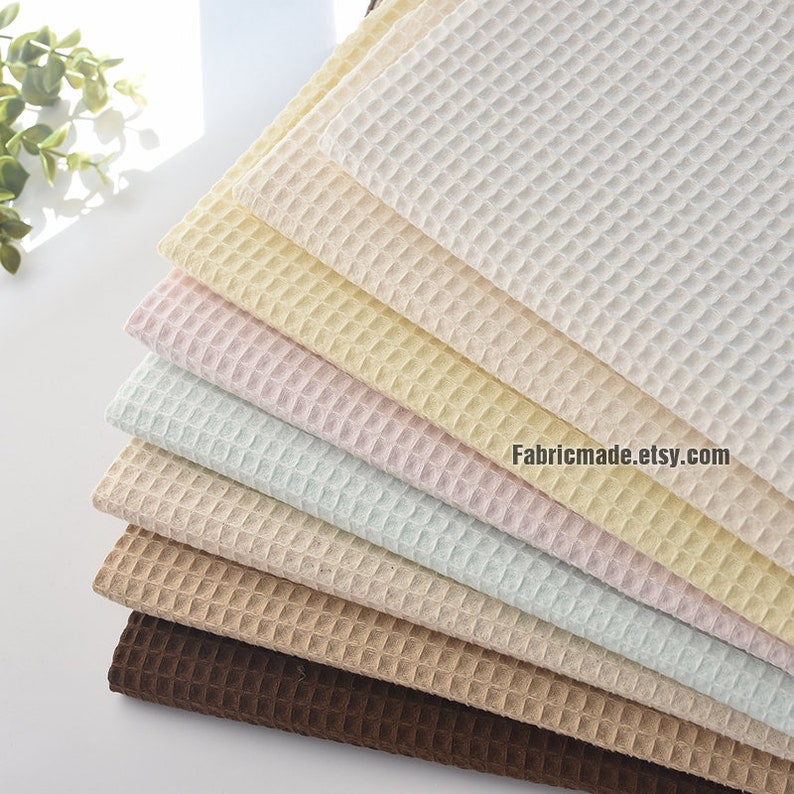WAFFLE Cotton Fabric Waffle Weave In Pale Blue Pink Beige image 1