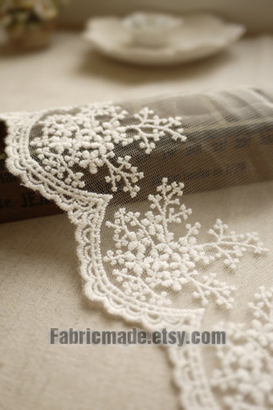 White Embroidery Lace Trim Bridal Lace Wedding Lace Floral Lace Cotton  Embroidery Width 11cm 4 Inches, One Yard Lace 