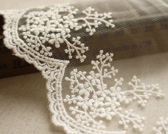 Pizzo bianco ricamato, pizzo da sposa, pizzo da sposa, pizzo floreale, ricamo in cotone - larghezza 11 cm, 4 pollici, un metro di pizzo