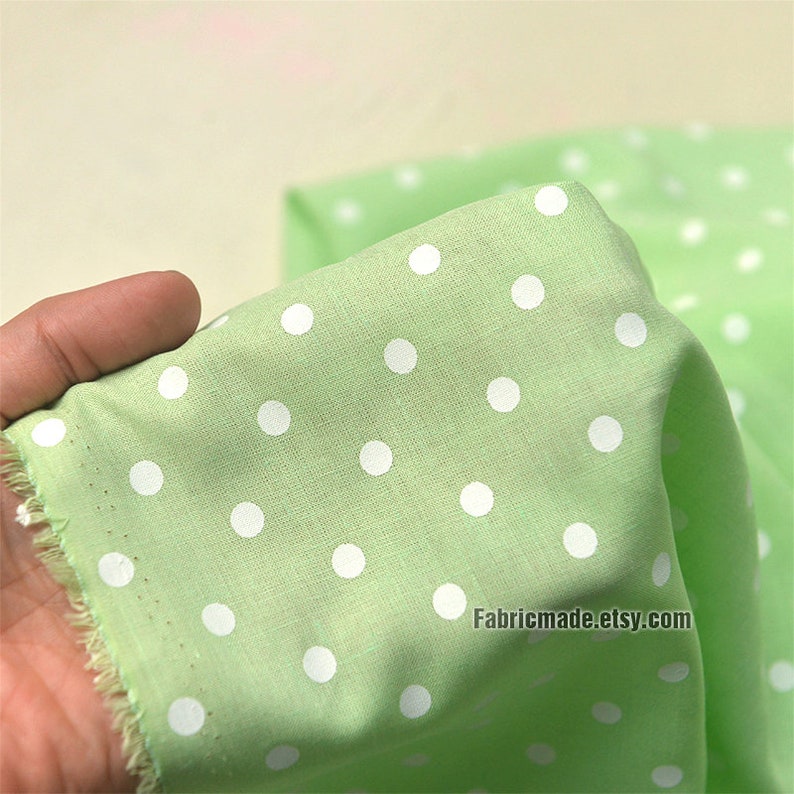 White Polka Dot On Green Yellow Linen Viscose Blend Fabric 1/2 yard image 5