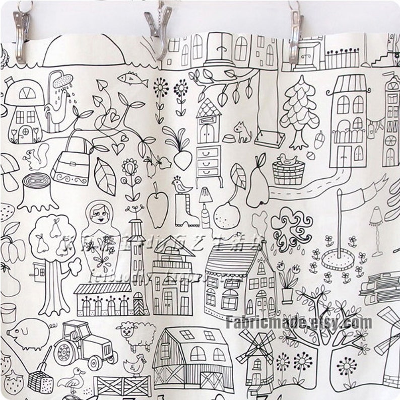 Children Linen Cotton Blend Fabric, Off White Linen With Cute Pencil Sketch Drawing 1/2 yard image 3