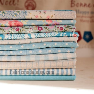 Blue Bundle Blue Linen Cotton Fabric Bundle- Blue Fabric Fat Quarter Bundle, 10 Fat Quarters Pieces