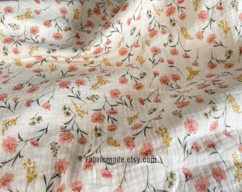 Orange Floral Double Gauze Cotton Fabric, Cream Muslin Swaddle, 1/2 Yard