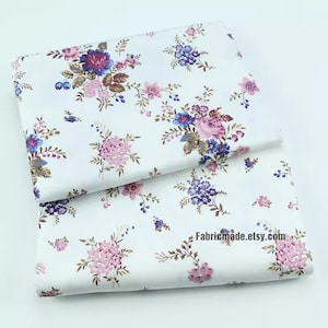 Rose Floral Fabric Pink blue Rose Flower On White Cotton Fabric  - 1/2 yard