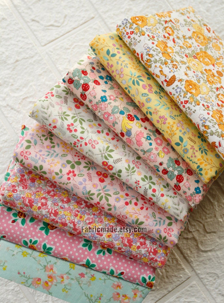 Roses Floral Fabric Cotton Shabby Chic Flower Pink Brown Green