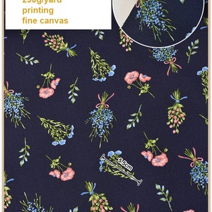 Shabby Floral Fine Canvas Cotton Ivory Black Navy Blue forget me not Flower 1/2 Yard 1 navy blue