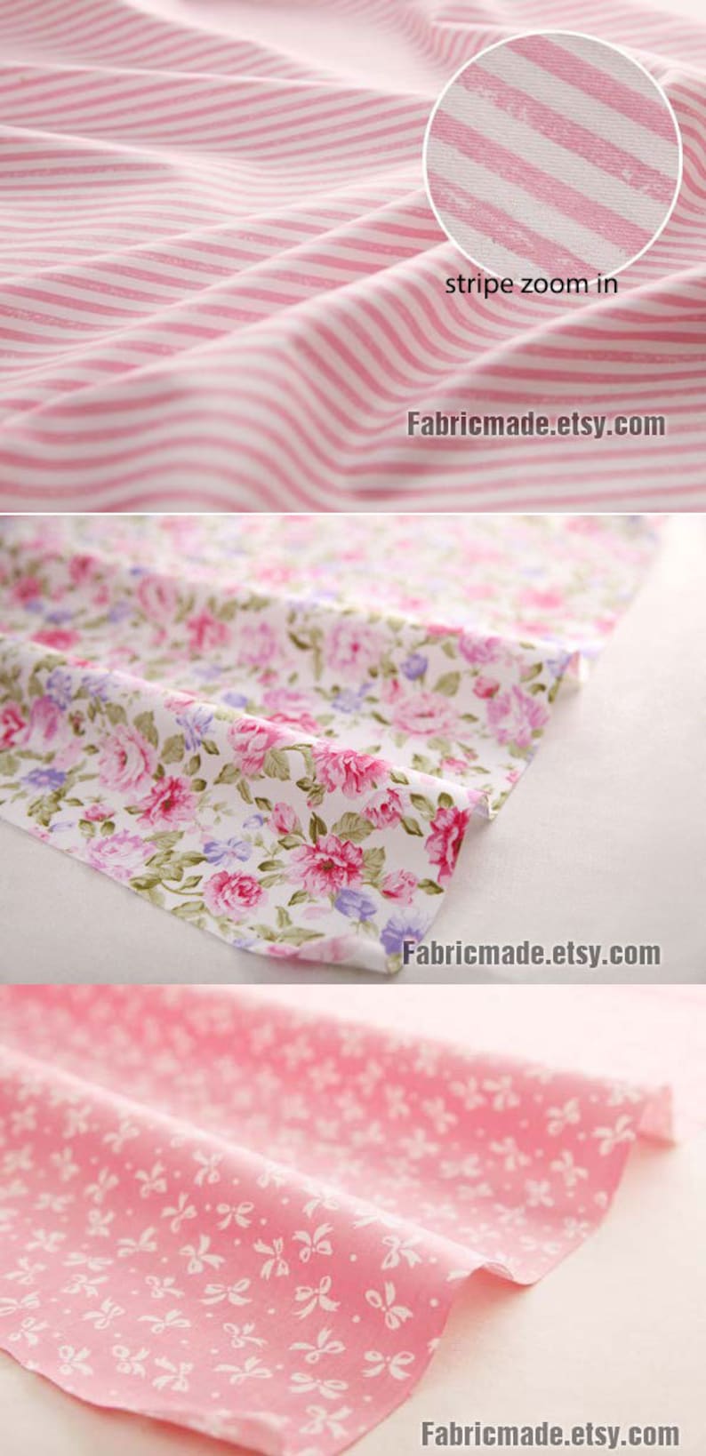 May include: Three different pink fabric swatches with various patterns. The first swatch is a pink and white striped fabric. The second swatch is a white fabric with a pink floral pattern. The third swatch is a pink fabric with a white bow pattern. Fabricmade.etsy.com is printed on each swatch.