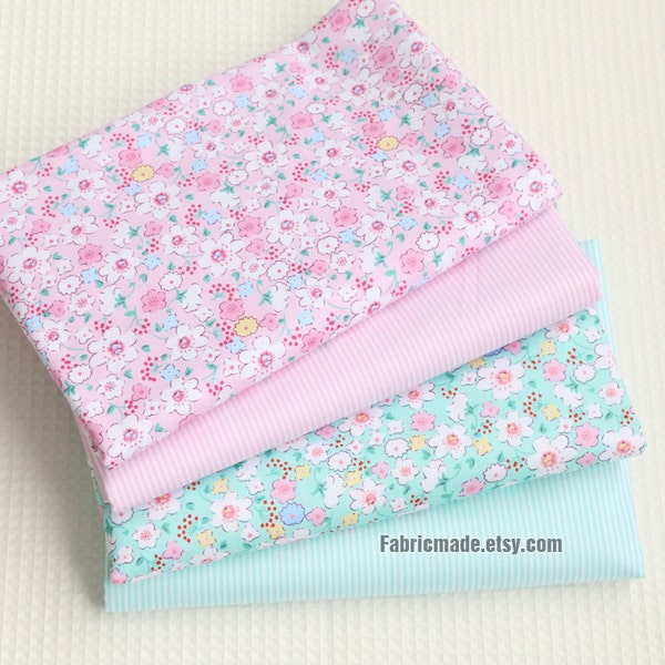 Shabby Chic Flower Fabric, Tiny PInk Flower Stripes On Light Pink Green Cotton Fabric- 1/2 Yard