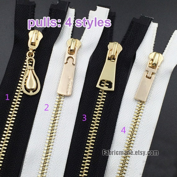 Luxury Gold Silver Teeth Zippers, One Way Metal Zippers for Jackets & Chaps  5 BRASS Opening Select Color and Length 