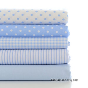 Light Blue Cotton Fabric, White & Power Blue Plaid Polka Dots Stripes Solid Cotton -1/2 yard