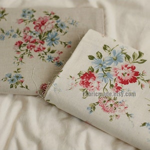 Floral Fabric/ Ivory Beige Fabric with Peony flower/ Linen Cotton Curtain Cushion Fabric- 1/2 yard 18"X55"