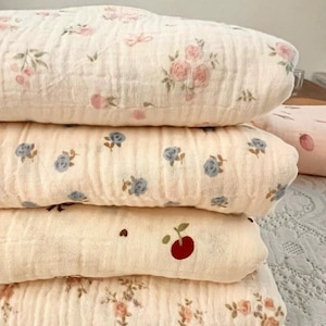 82"/210cm Width Pastel Floral Cartoon Animal Double Gauze Cotton Wrinkle Fabric - 1/2 yard