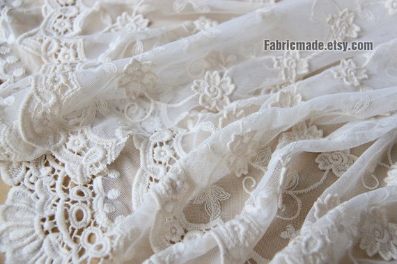 Beige White Tulle Embroidered Lace Fabric Borders Lace Scalloped