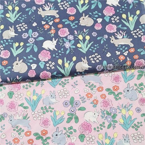 Cartoon Rabbit Flower Cotton Fabric In Navy Blue Pink 1/2 yard image 1