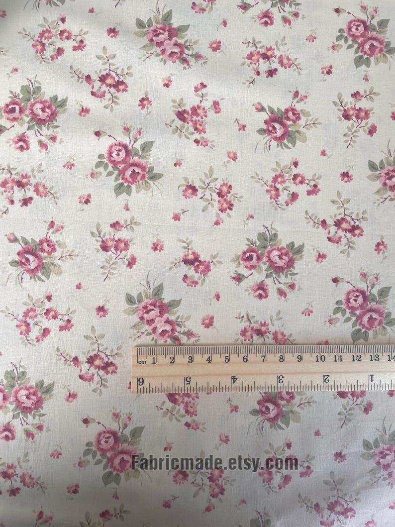 Vintage Rose Floral Cotton Fabric on Beige Pink Blue Yellow Rose Shabby ...