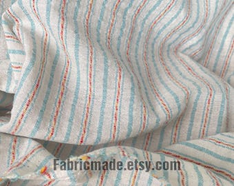 Yarn Dye Pea Green Red Ivory Stripes Cotton Blend Fabric - 1/2 yard