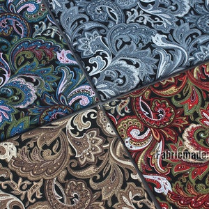 Vintage Paisley Cotton Fabric, Red Black Gray Paisley Floral Cotton - 1/2 yard
