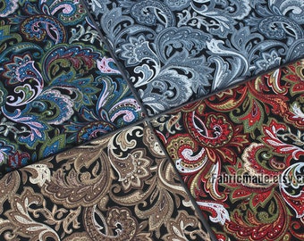 Vintage Paisley Cotton Fabric, Red Black Gray Paisley Floral Cotton - 1/2 yard