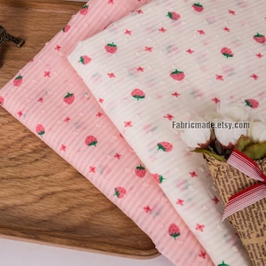 Thin Pink Strawberry Fabric On Pink White Yellow Cotton- 1/2 Yard