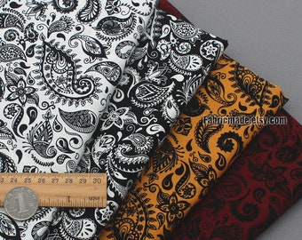 Vintage Paisley Cotton Fabric Black White Paisley Floral Cotton - 1/2 yard