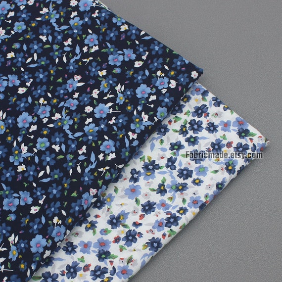 Little Blue Floral Cotton Fabric Navy Blue White Flower 1/2 Yard