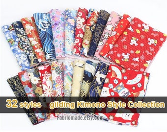 May include: A collection of 32 different fabric squares featuring a variety of Japanese-inspired patterns, including floral designs, geometric shapes, and animals. The fabrics are all in bright colors and have a gold metallic sheen. The text "32 styles gilding Kimono Style Collection Fabricmade.etsy.com" is printed on the bottom of the image.