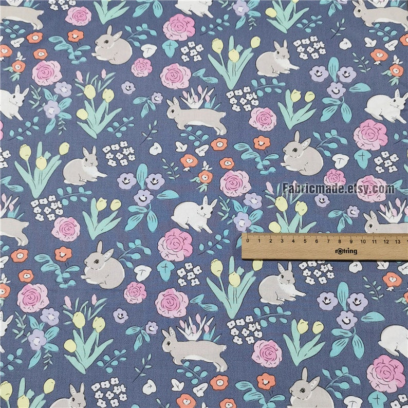 Cartoon Rabbit Flower Cotton Fabric In Navy Blue Pink 1/2 yard 2 navy blue