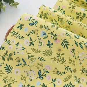 Little Pink White Green Floral Leaf On Yellow Cotton Fabric- 1/2 yard