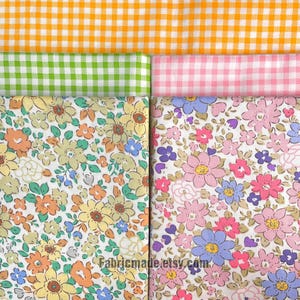 Little Flower Cotton Fabric Pink Green Yellow Floral Gingham Fabric Cotton- 1/2 yard