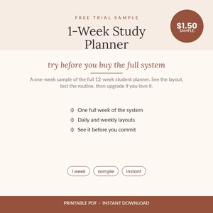 Exemplo de Planejador de Estudos Semanal | Teste Gratuito em PDF | Modelo de Planejador Semanal para Estudantes (Download Digital)