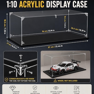 May include: A 1:10 scale clear acrylic display case with a black base. Dimensions are 22.04 inches long, 10.39 inches wide, and 7.28 inches high. The case features corner brackets, dust protection, and is designed for model cars.