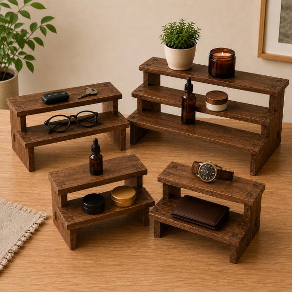 Wooden Step Display Riser | Stair Shelf Rack for Jewelry | Tiered Wood Organiser Display Stand