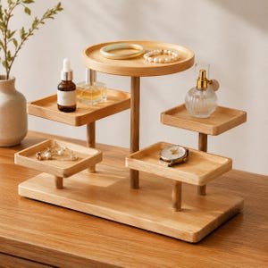 May include: A multi-tiered wooden display stand featuring a central elevated circular tray and four smaller rectangular trays at varying heights. The light-toned wood stand holds various accessories including a glass perfume bottle, a watch, and jewelry.