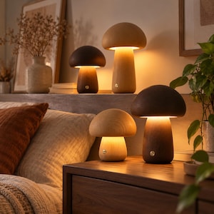 May include: Four mushroom-shaped lamps made of wood in varying sizes and shades of light and dark brown. Each lamp features a smooth, rounded cap and a cylindrical base with a small circular button on the front, emitting a warm, soft glow.
