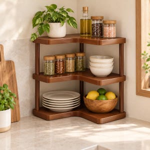 Op de afbeelding: Een hoekplank met drie niveaus van donkerbruin hout met afgeronde randen. De bovenste plank bevat een groene plant in een pot en drie glazen potten met houten deksels. De middelste plank bevat vier glazen kruidenpotjes en drie gestapelde witte kommen. De onderste plank bevat een stapel witte borden en een houten kom gevuld met citroenen en limoenen.