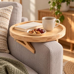 May include: A round, light-coloured wooden sofa arm tray table with a raised edge, featuring a hinged support bracket that clips onto the arm of a couch. The tray holds a white ceramic mug, a small white bowl of mixed nuts and grapes, and a book.