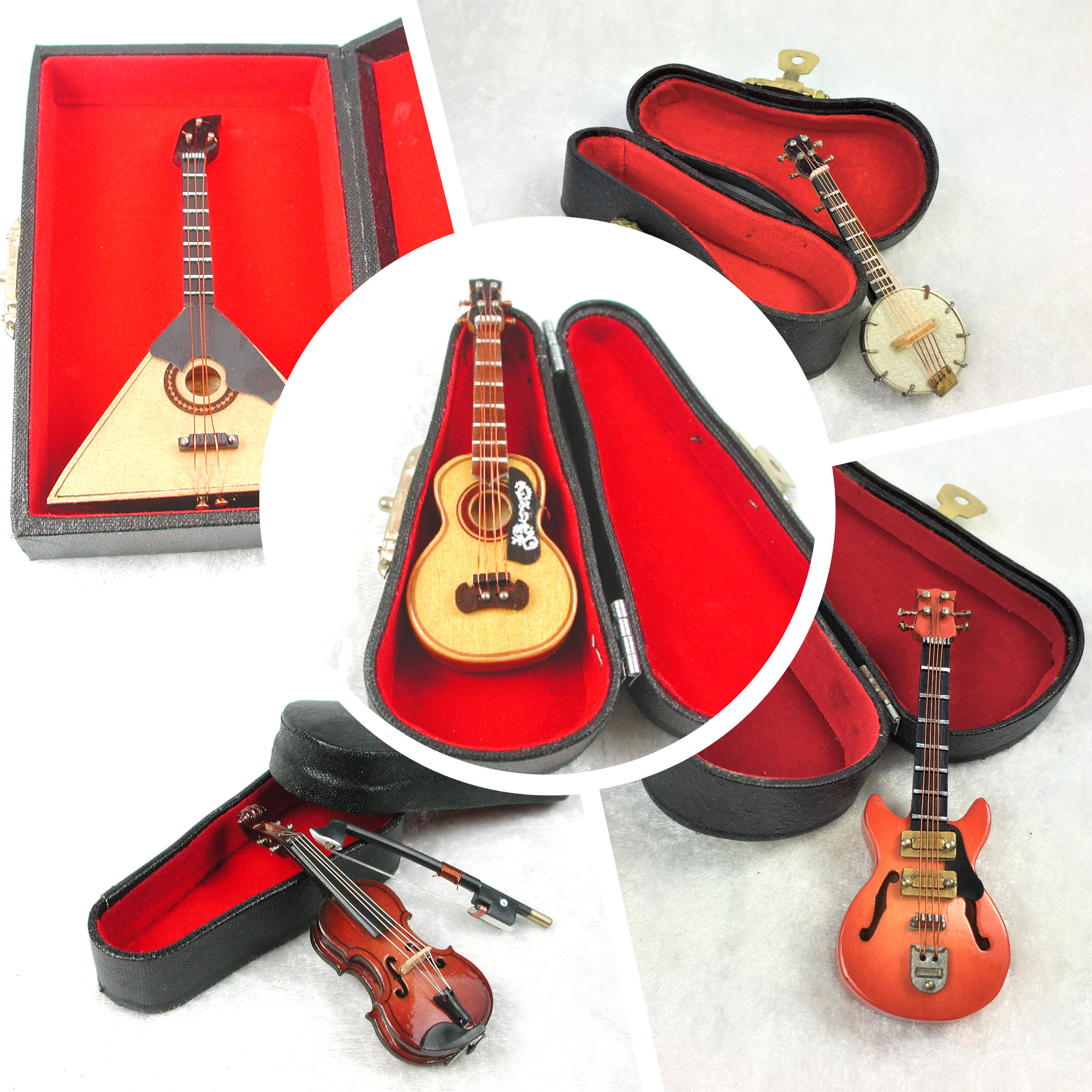 Musical instruments for the dollhouse, banjo, guitar, electric guitar, accordion, keyboard, violin