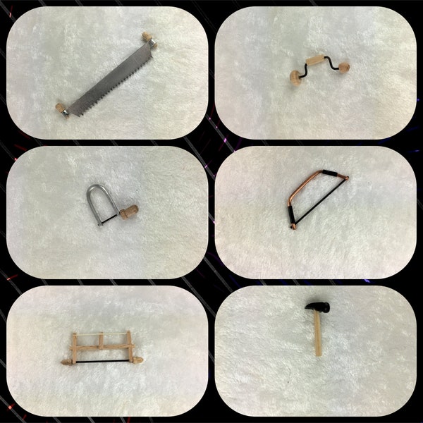 Werkzeug, Hobel, Laubsäge, Hammer, Baumsäge, Rahmensäge, Bügelsäge für die Puppenstube