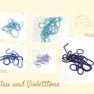 May include: A collection of five square frames containing tangled lengths of cord in various shades of blue and violet. The colors range from light sky blue and turquoise to medium blue, light lavender, and a deep, dark purple hue.