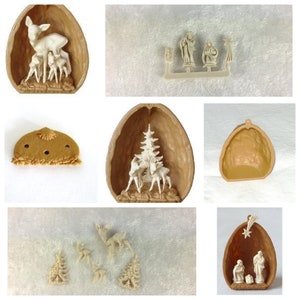 Nativity figures, deer with fir tree, nutshell, insert for nutshell for the dollhouse, model making, nativity scene