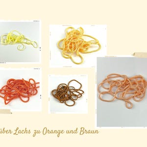 May include: Five separate square frames containing coiled lengths of cord in various colors. The colors include bright yellow, golden yellow, vibrant orange, dark brown, and a soft salmon pink. The text "Gelb über Lachs zu Orange und Braun" is below.