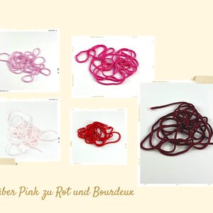 May include: A collection of five coiled cords in various shades of pink, red, and burgundy. The cords are displayed in individual square frames, showing light pink, medium pink, bright pink, vibrant red, and deep burgundy colors.