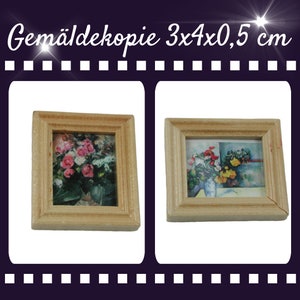 Cuadro copias flores 3 x 4 x 0,5 cm en marco de madera, para casa de muñecas