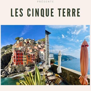 May include: A split-screen travel graphic titled NO WASTE TRAVEL PRÉSENTE LES CINQUE TERRE. The left side shows colourful buildings on a cliffside by the sea. The right side displays a stone terrace with a closed peach umbrella overlooking the ocean.