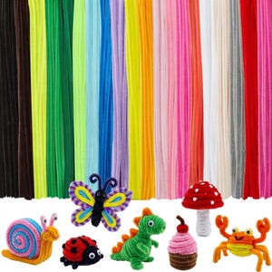 May include: A collection of multi-colored pipe cleaners arranged in vertical rows, accompanied by six small figures crafted from pipe cleaners: a snail, a butterfly, a ladybug, a green dinosaur, a cupcake, and a crab.