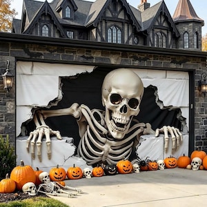 May include: A large garage door mural featuring a 3D-effect skeleton breaking through a white wall into a black void. The skeleton has a wide, toothy grin and hollow eye sockets. Numerous orange pumpkins and small skull figures are on the ground.